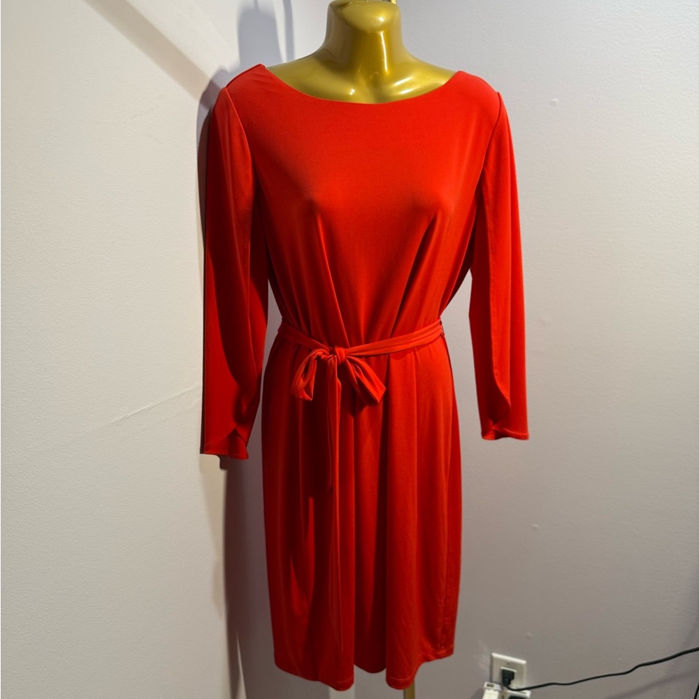 Calvin Klein Red Long Sleeve Dress Tie Waist Career Wedding Guest